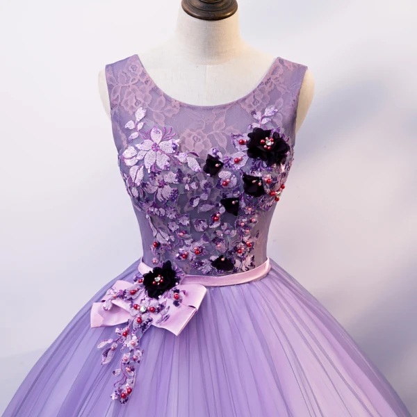 Flower Fairy Fairytale Lavender Quinceañera Prom Dresses 2020 Ball Gown Scoop Neck Appliques Pearl Rhinestone Bow Lace Flower Sleeveless Backless Floor-Length / Long Formal Dresses