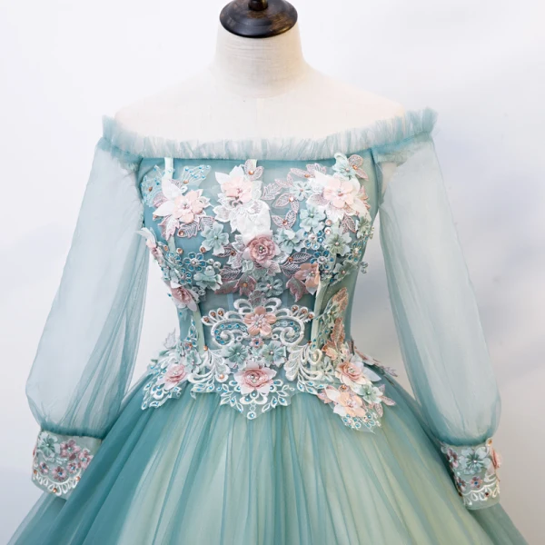 Flower Fairy Jade Green Fairytale Prom Dresses 2020 Ball Gown Off-The-Shoulder Pearl Rhinestone Lace Flower Appliques 3/4 Sleeve Backless Floor-Length / Long Formal Dresses