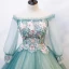 Flower Fairy Jade Green Fairytale Prom Dresses 2020 Ball Gown Off-The-Shoulder Pearl Rhinestone Lace Flower Appliques 3/4 Sleeve Backless Floor-Length / Long Formal Dresses