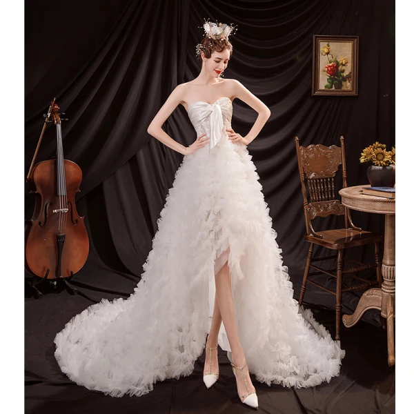Sexy Ivory Ruffle Asymmetrical Wedding Dresses 2021 A-Line / Princess Satin Strapless Sleeveless Wedding