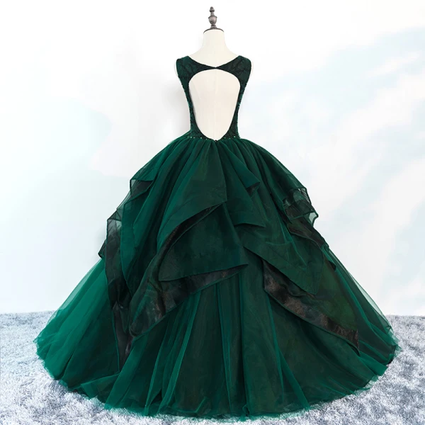Chic / Beautiful Dark Green Prom Dresses 2018 Ball Gown Beading Cascading Ruffles Spaghetti Straps Backless Sleeveless Floor-Length / Long Formal Dresses
