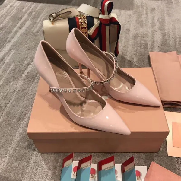 Stijlvolle Blozen Roze Avond Pumps 2020 Lakleer Rhinestone 10 cm Naaldhakken / Stiletto Spitse Neus Pumps