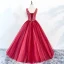 Chic / Beautiful Red Prom Dresses 2018 Ball Gown Beading V-Neck Backless Sleeveless Floor-Length / Long Formal Dresses