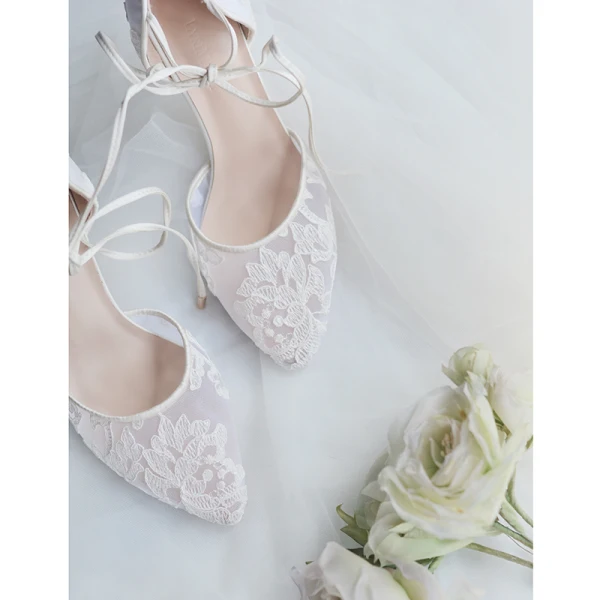 High-end Ivory Wedding Shoes 2020 Tulle Lace Flower Strappy 8 cm Stiletto Heels Pointed Toe Wedding High Heels