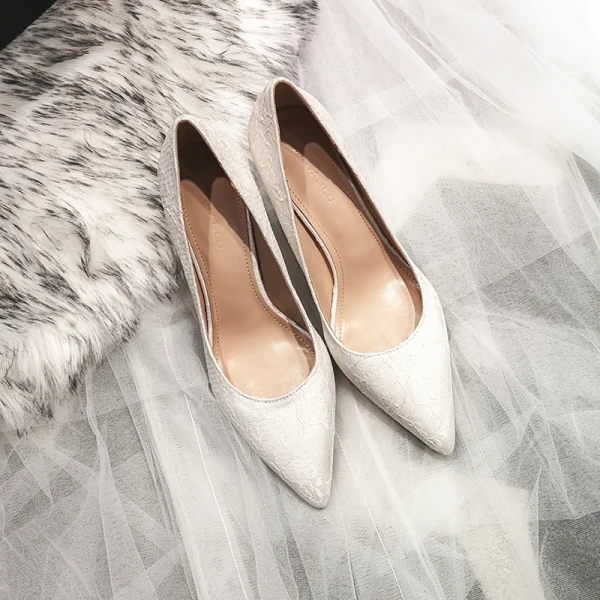 Chic / Beautiful Ivory Wedding Shoes 2020 Tulle Lace 7 cm Stiletto Heels Pointed Toe Wedding Pumps