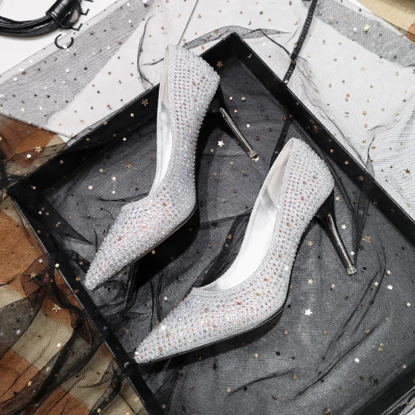 Uroczy Srebrny Kryształ Buty Ślubne 2020 Rhinestone 7 cm Szpilki Szpiczaste Ślub Czółenka