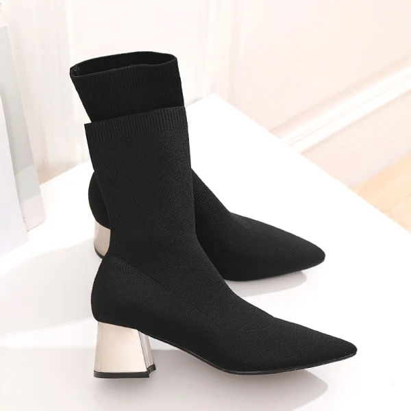 Stilig Svart Casual Flette Kvinners støvler 2020 5 cm Tykk Hæler Spisse Boots