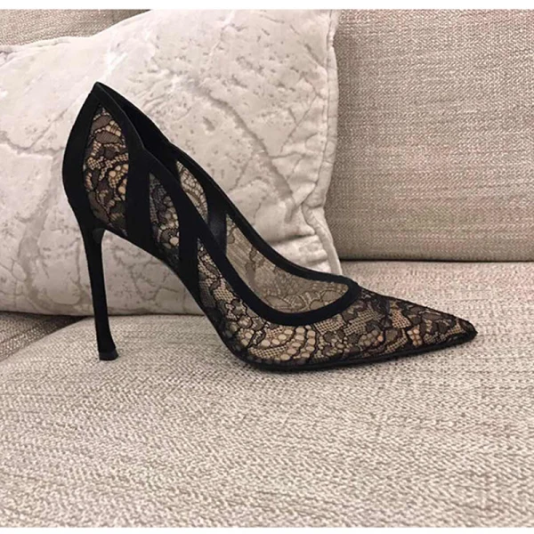 Chic / Beautiful Nude Wedding Shoes 2018 Lace Flower Pierced 10 cm Stiletto Heels Pointed Toe Wedding High Heels
