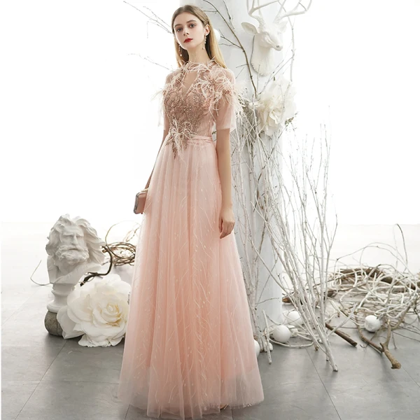 Classy Blushing Pink Feather Lace Flower Prom Dresses 2021 A-Line / Princess V-Neck Beading Rhinestone Sequins Short Sleeve Floor-Length / Long Formal Dresses