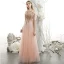 Classy Blushing Pink Feather Lace Flower Prom Dresses 2021 A-Line / Princess V-Neck Beading Rhinestone Sequins Short Sleeve Floor-Length / Long Formal Dresses