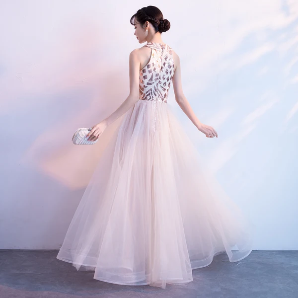 Chic / Beautiful Champagne Evening Dresses 2018 A-Line / Princess Sequins Scoop Neck Sleeveless Floor-Length / Long Formal Dresses