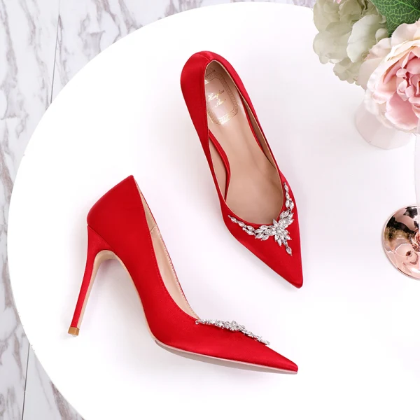 Chic / Beautiful Ivory Wedding Shoes 2020 Satin Rhinestone 10 cm Stiletto Heels Pointed Toe Wedding Pumps