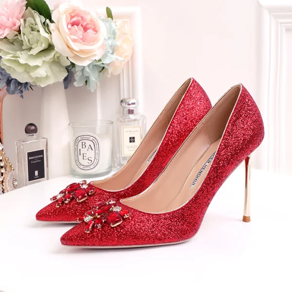 Glittrande Silver Brudskor 2020 Rhinestone Paljetter 10 cm Stilettklackar Spetsiga Bröllop Pumps