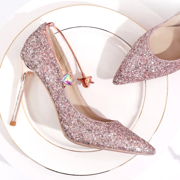 Sparkly Rose Gold Sequins Wedding Shoes 2020 10 cm Stiletto Heels Pointed Toe Wedding Pumps