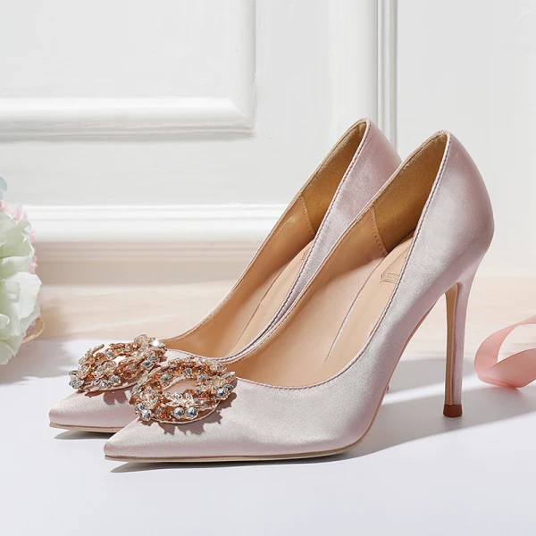 Chic / Beautiful Champagne Wedding Shoes 2020 Satin Rhinestone 10 cm Stiletto Heels Pointed Toe Wedding Pumps