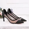 Chic / Beautiful Black Pierced Casual Pumps 2020 Lace 7 cm Stiletto Heels Pointed Toe Pumps