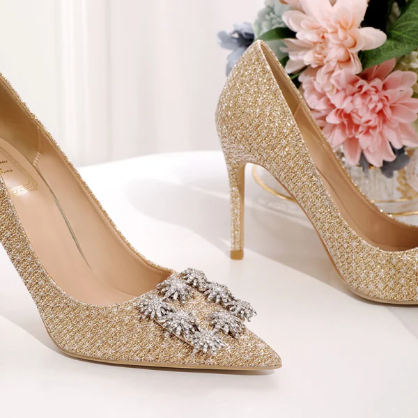 Sjarmerende Sølv Rhinestone Brudesko 2020 Paljetter 10 cm Stiletthæler Spisse Bryllup Pumps