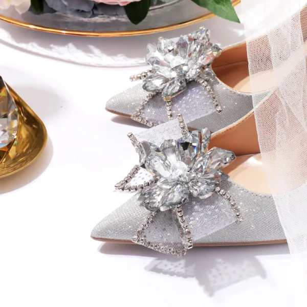 Charmant Silber Glanz Strass Schleife Brautschuhe 2020 Pailletten 10 cm Stilettos Spitzschuh Hochzeit Pumps