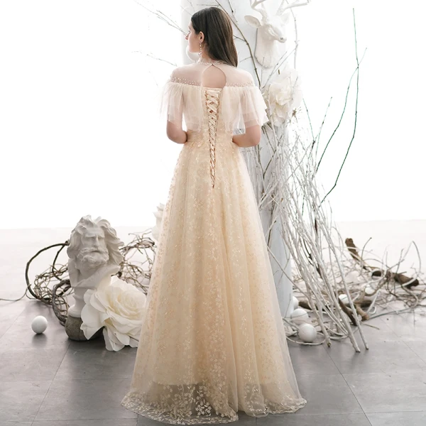 Chic / Belle Champagne Brodé Robe De Bal 2021 Princesse Col Haut Manches Courtes Dos Nu Longue Robe De Ceremonie