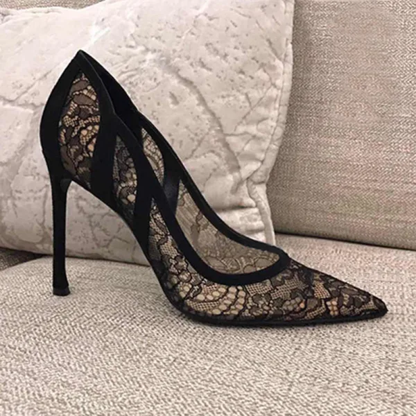 Sexy Black Evening Party Pierced Pumps 2020 Lace 10 cm Stiletto Heels Pointed Toe Pumps