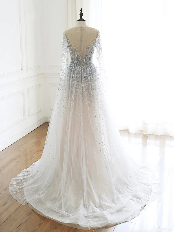 Luxury / Gorgeous Grey Handmade  Beading Wedding Dresses 2020 A-Line / Princess Scoop Neck Rhinestone Sequins Long Sleeve Court Train