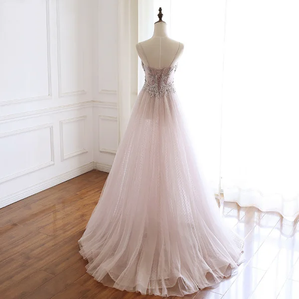 Luxury / Gorgeous Pearl Pink Handmade Beading Evening Dresses 2020 A-Line / Princess Spaghetti Straps Rhinestone Sleeveless Backless Sweep Train Formal Dresses