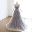 Luxus / Herrlich Grau Violett Glanz Abendkleider 2020 A Linie Off Shoulder Perlenstickerei Strass Pailletten 3/4 Ärmel Rückenfreies Sweep / Pinsel Zug Festliche Kleider