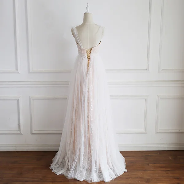 Charming Champagne Wedding Dresses 2020 A-Line / Princess Spaghetti Straps Lace Flower Sleeveless Backless Floor-Length / Long