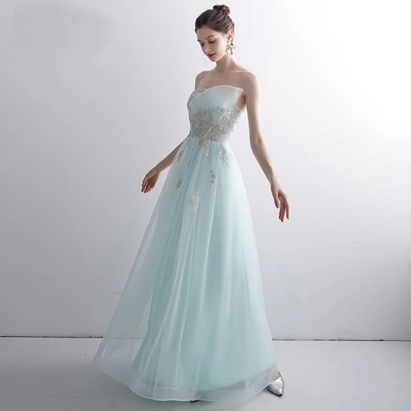 Classy Mint Green Evening Dresses 2020 A-Line / Princess Strapless Beading Lace Flower Sleeveless Backless Floor-Length / Long Formal Dresses