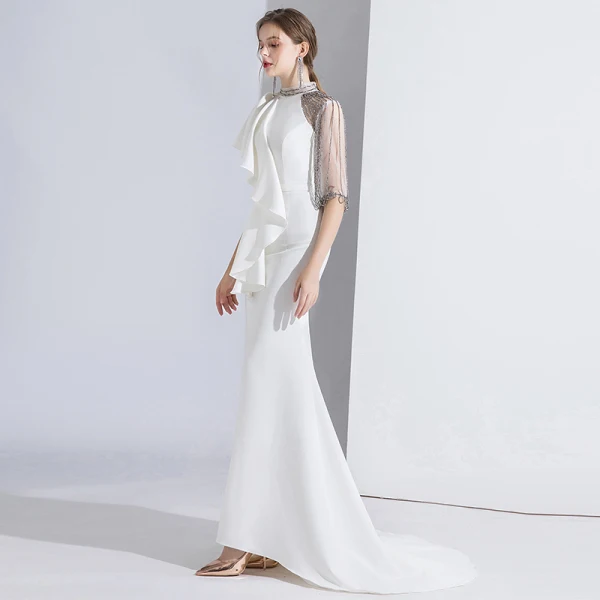Fashion White Evening Dresses 2020 Trumpet / Mermaid Scoop Neck Beading Short Sleeve Sweep Train Formal Dresses