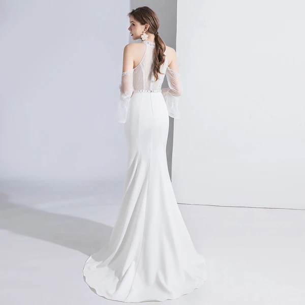 Fashion White Evening Dresses 2020 Trumpet / Mermaid Beading Rhinestone Sequins Lace Flower High Neck Bell sleeves Sweep Train Formal Dresses