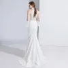 Fashion White Evening Dresses  2020 Trumpet / Mermaid Beading Rhinestone Sequins Lace Flower High Neck Bell sleeves Sweep Train Formal Dresses
