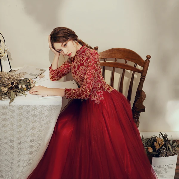 Elegant Burgundy Prom Dresses 2020 A-Line / Princess High Neck Beading Rhinestone Sequins 3/4 Sleeve Backless Floor-Length / Long Formal Dresses