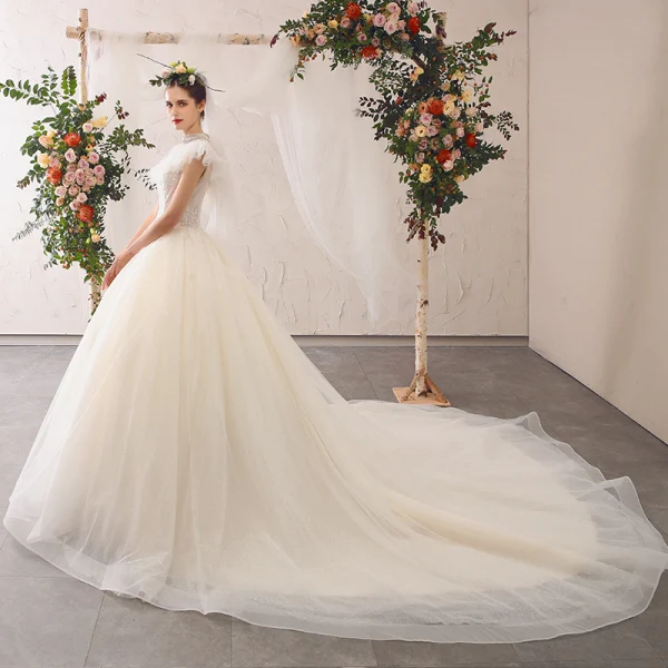 Elegante Ivory / Creme Brautkleider / Hochzeitskleider 2020 A Linie Stehkragen Perlenstickerei Quaste Pailletten Applikationen Ärmellos Rückenfreies Kathedrale Schleppe