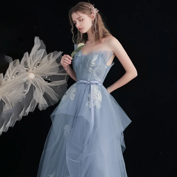 Modern / Fashion Sky Blue Lace Flower Prom Dresses 2021 A-Line / Princess Strapless Sleeveless Backless Bow Sash Floor-Length / Long Formal Dresses