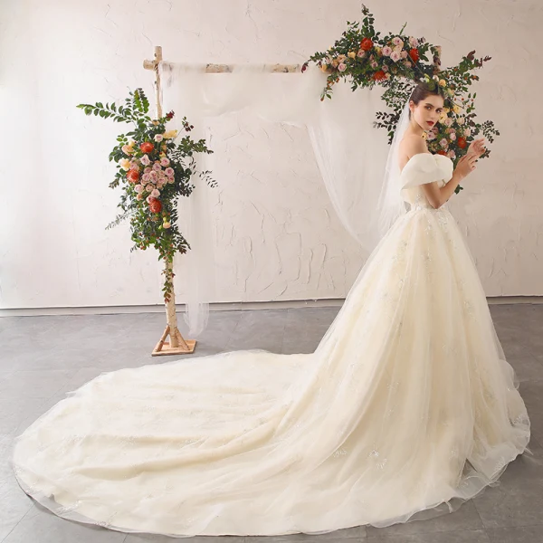 Élégant Champagne Robe De Mariée 2020 Princesse De l'épaule Noeud En Dentelle Fleur Appliques Manches Courtes Dos Nu Cathedral Train