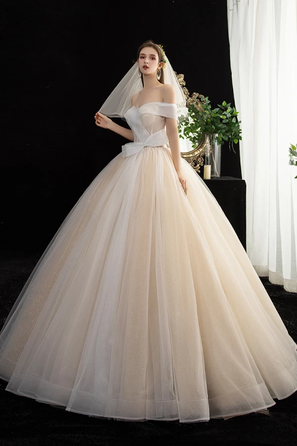 slim fit dress slacks Designer Short White Off-The-Shoulder Tulle Glitter Wedding Dress with Sleeves main image 0
