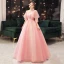 Elegant Candy Pink Prom Dresses 2021 V-Neck A-Line / Princess Beading Appliques Lace Flower Sequins 1/2 Sleeves Backless Floor-Length / Long Formal Dresses