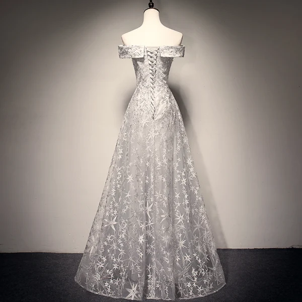 Chic / Beautiful Grey Prom Dresses 2018 A-Line / Princess Star Beading Off-The-Shoulder Backless Sleeveless Floor-Length / Long Formal Dresses