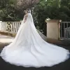 Vintage / Retro Ivory Pregnant Bridal Wedding Dresses 2020 Ball Gown High Neck Beading Appliques Lace Flower Pearl 1/2 Sleeves Backless Watteau Train