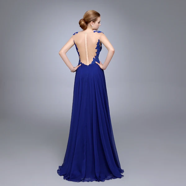 Classy Royal Blue Evening Dresses 2020 A-Line / Princess Scoop Neck Rhinestone Lace Flower Sleeveless Floor-Length / Long Formal Dresses