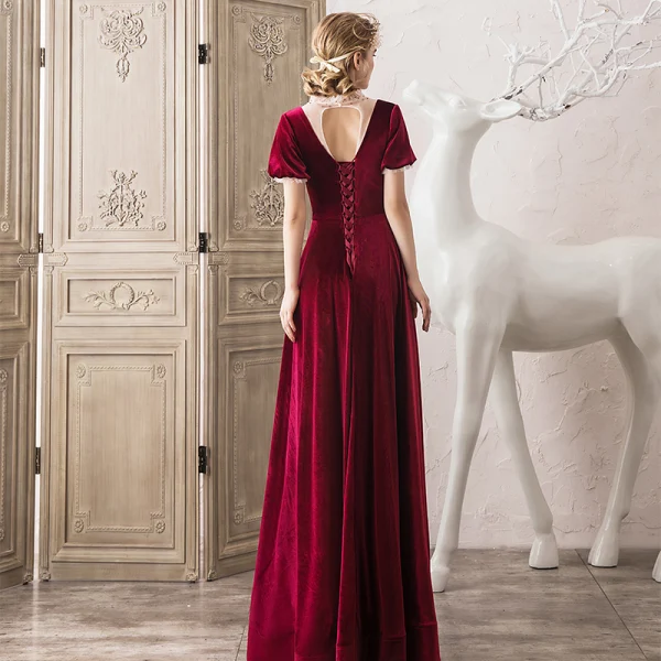 Elegant Burgundy Suede Evening Dresses 2020 A-Line / Princess Scoop Neck Beading Short Sleeve Backless Floor-Length / Long Formal Dresses
