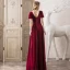 Elegant Burgundy Suede Evening Dresses  2020 A-Line / Princess Scoop Neck Beading Short Sleeve Backless Floor-Length / Long Formal Dresses