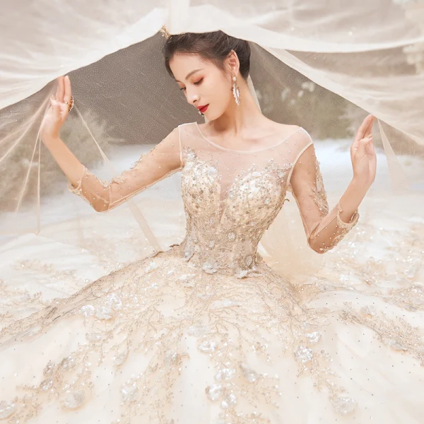 Haut de Gamme Champagne Robe De Mariée 2020 Princesse Encolure Dégagée Perlage Faux Diamant En Dentelle Fleur Manches Longues Dos Nu Cathedral Train