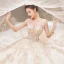 Haut de Gamme Champagne Robe De Mariée 2020 Princesse Encolure Dégagée Perlage Faux Diamant En Dentelle Fleur Manches Longues Dos Nu Cathedral Train