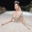 Luxury / Gorgeous Champagne Glitter Wedding Dresses 2020 Ball Gown Off-The-Shoulder Beading Rhinestone Lace Flower Sleeveless Backless Cathedral Train