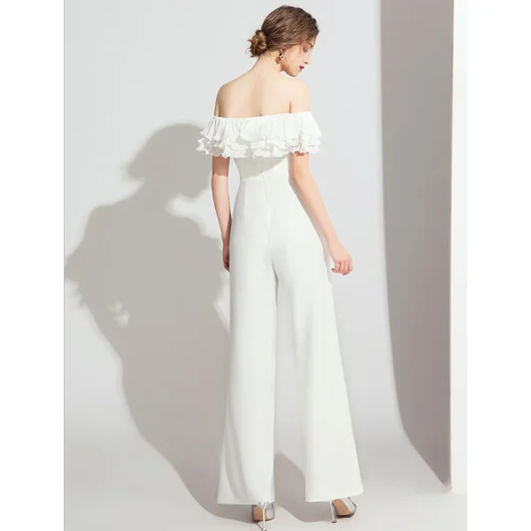 Elegante Ivory / Creme Overall Abendkleider 2021 Rüschen Off Shoulder Kurze Ärmel Rückenfreies Abend Lange Festliche Kleider