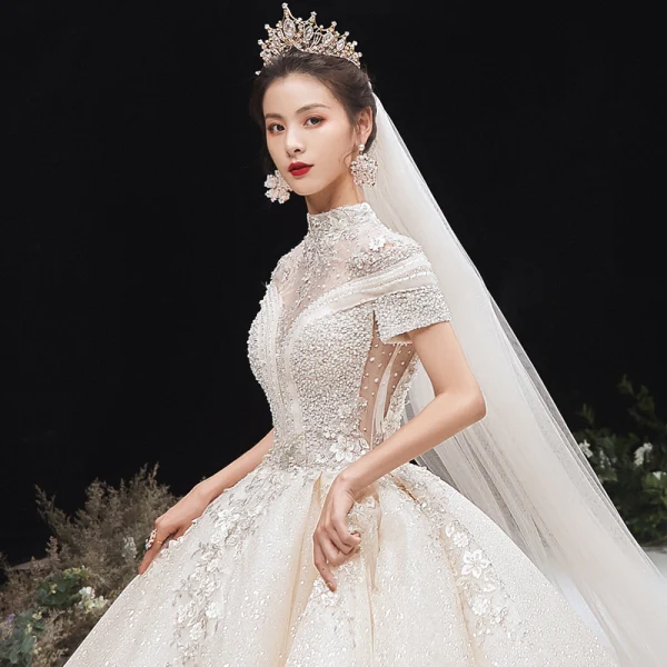 Luxury / Gorgeous Champagne Glitter Wedding Dresses 2020 Ball Gown High Neck Beading Rhinestone Sequins Appliques Short Sleeve Backless Royal Train