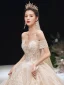 Charming Champagne Wedding Dresses 2020 Ball Gown Off-The-Shoulder Beading Rhinestone Sequins Lace Flower Short Sleeve Backless Cathedral Train