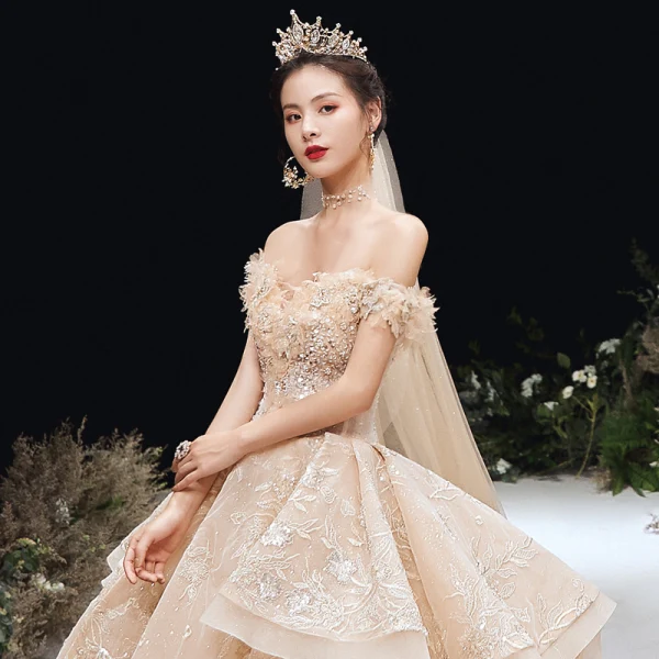 Luxury / Gorgeous Champagne Wedding Dresses 2020 Ball Gown Off-The-Shoulder Beading Sequins Rhinestone Pearl Lace Flower Short Sleeve Backless Royal Train